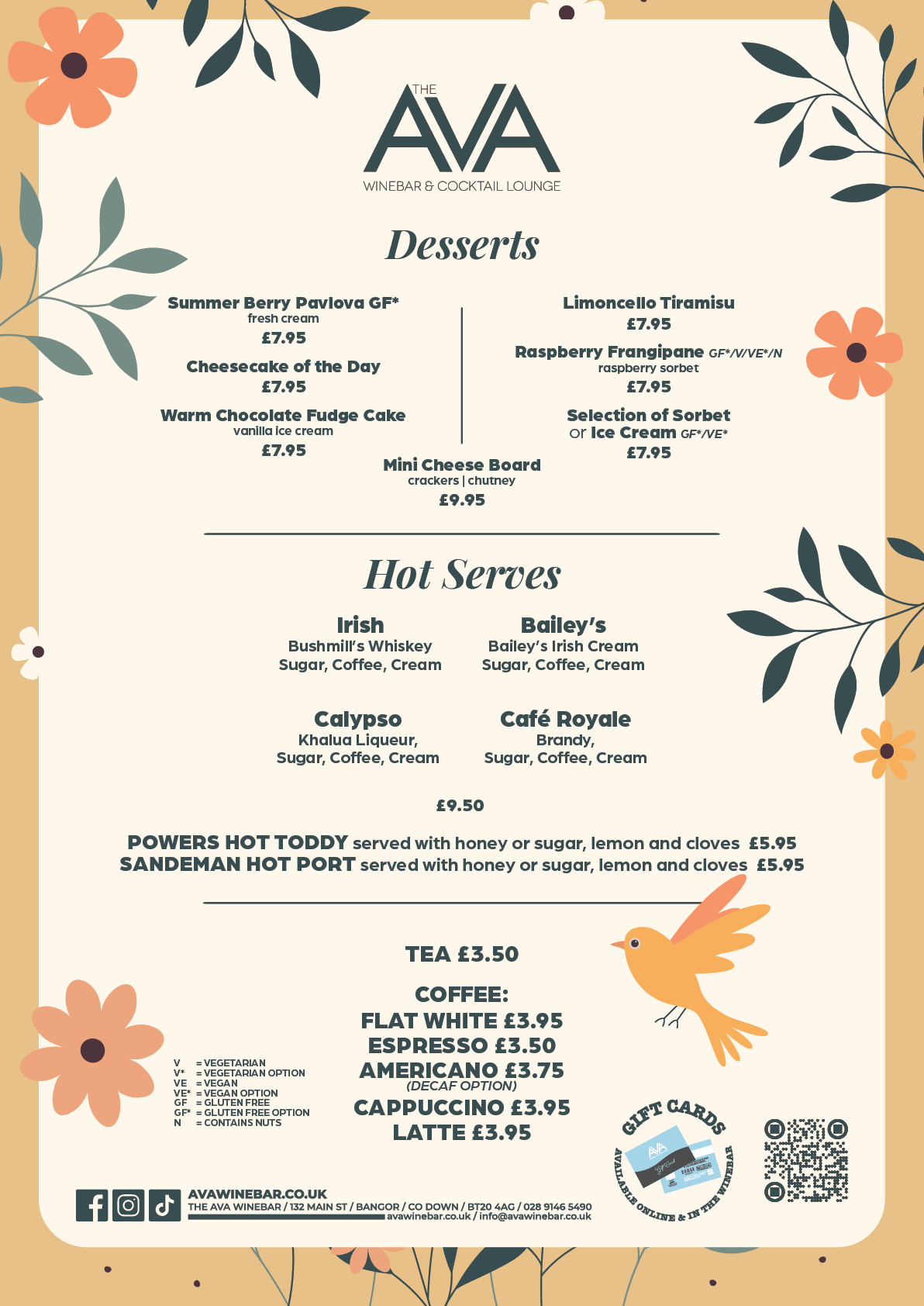 Desserts and hot drinks menu